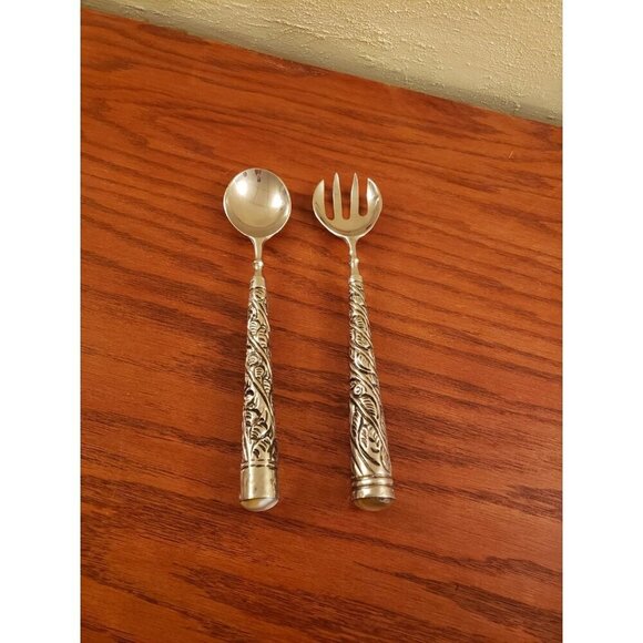 Salad Spoon and Fork Set Silver Tone Ornate Vintage with Marble Stone Ends - Picture 2 of 6